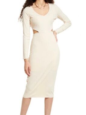 BP. Cutout Long Sleeve Rib Midi Dress in Pink Whisper